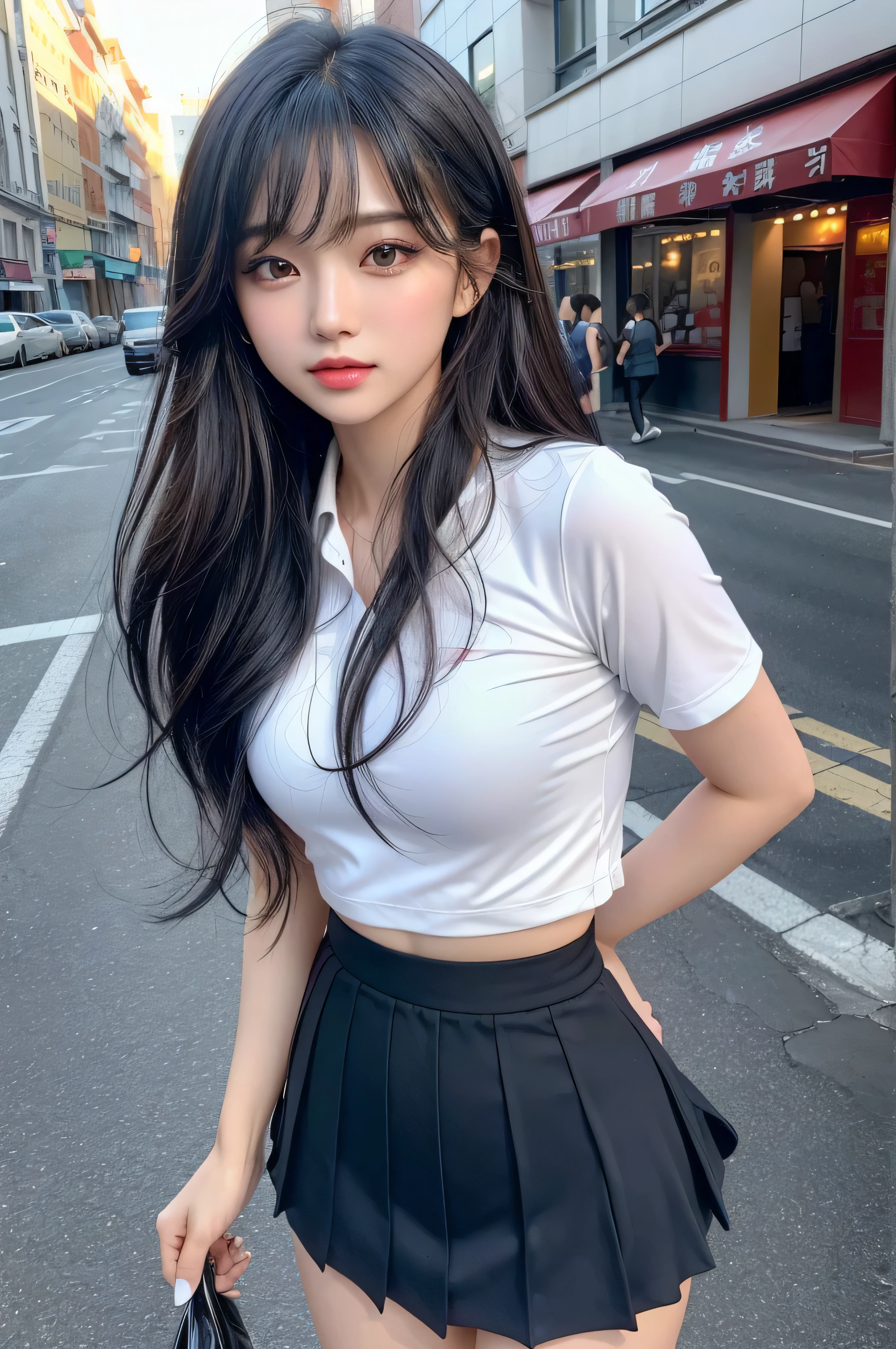 (quality),8K,(masterpiece:1.3),(1 girl:1.3),(In Minaof name),Beautiful of Korean girl, Korean pop idol，Beauty of woman，Have a perfect body:1.4, Slim abdominal muscles:1.2, ((Layered Hairstyle, :1.2)), ((View Viewer)),(A brilliant smile:1.3),（Big Asa），Actual,high resolution,Highly detailed face and skin textures,Realistic face,RAW photos,((Pretty face:1.5)),(Beauty of woman:1.4),Perfect body example,,((Super detailed face)),Attention to detail,Double eyelids,Eyeshadow Enhancement,Eye for detail,Professional lighting,灯Optics,Focus,((Sporty style)),((Optics, Bright colors of clothes Bright colors of T-shirts，Short skirt,((vitality,Positive,vivaciousnesposing thighs)),(of:1.3),Ultra-thin sports bar，Hip skirt，on the street