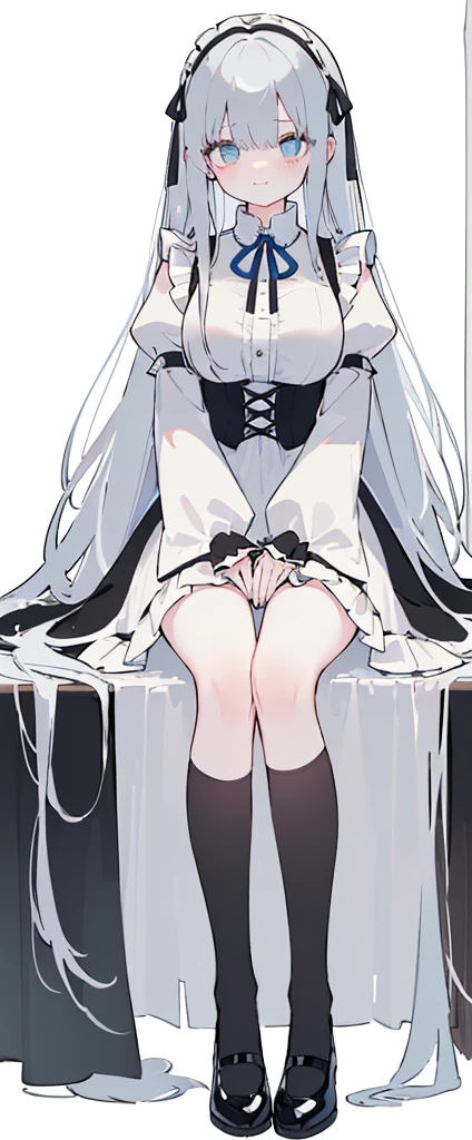 (long beautiful red hair) cyan eyes, (Eyes behind long bangs) big breasts, Standing pose, hands behind the back,  (using socks) perfect shiny beautiful cyan shoes (Wearing luxurious palace black maid clothes Perfect perfect noble)  Pose facing sideways (Girl1, straight grey hair not too long, bangs covering one eye, soft face, gentle smile)red long hair, beautiful cyan eyes (Sitting pose, right hand down, left hand down, leaning pose,  smile kawai, (blank white background) Wearing a black corset, (Using a beautiful bright blue ribbon) Kawai shy cute eyes (black colored shoes must be shiny, Must wear short white socks) Wrists must be completely bare without a single piece of cloth covering either side Wrists must be completely bare without a single piece of cloth covering either side Wrists must be completely bare without a single piece of cloth covering either side, The bangs cover the left eye of the toe perfectly, Long bangs cover the left eye, long black maid dress shirt sleeves, cold face, royal minister, Standing pose, Black skirt, shirt sleeves must be long black, Long leg