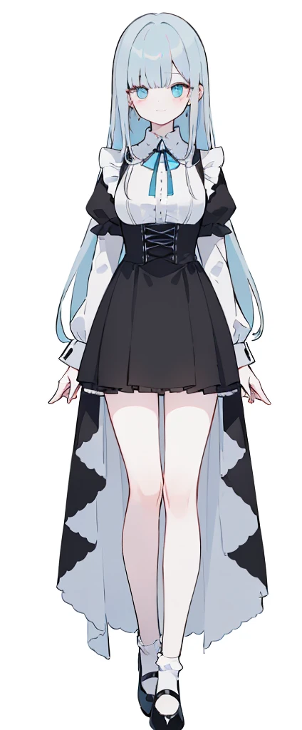 (long beautiful red hair) cyan eyes, (Eyes behind long bangs) big breasts, Standing pose, hands behind the back,  (using socks) perfect shiny beautiful cyan shoes (Wearing luxurious palace black maid clothes Perfect perfect noble)  Pose facing sideways (Girl1, straight grey hair not too long, bangs covering one eye, soft face, gentle smile)red long hair, beautiful cyan eyes (Sitting pose, right hand down, left hand down, leaning pose,  smile kawai, (blank white background) Wearing a black corset, (Using a beautiful bright blue ribbon) Kawai shy cute eyes (black colored shoes must be shiny, Must wear short white socks) Wrists must be completely bare without a single piece of cloth covering either side Wrists must be completely bare without a single piece of cloth covering either side Wrists must be completely bare without a single piece of cloth covering either side, The bangs cover the left eye of the toe perfectly, Long bangs cover the left eye, long black maid dress shirt sleeves, cold face, royal minister, Standing pose, Black skirt, shirt sleeves must be long black, Long leg