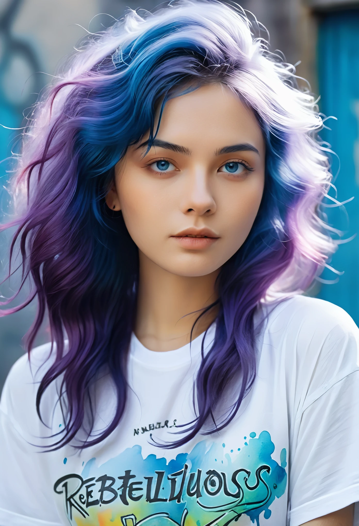 best quality，watercolor，ink，Oil Pen，painting，Upper body portrait，The original essence of the tattoo street style icon，Rebellious energy，Wear an oversized t-shirt with a logo，Vibrant graffiti as background，Avant-garde fashion，Feeling，Confident appearance，Colorful hair，light through the mist，（1 girl），Long curly hair，blue eyes，A small smile