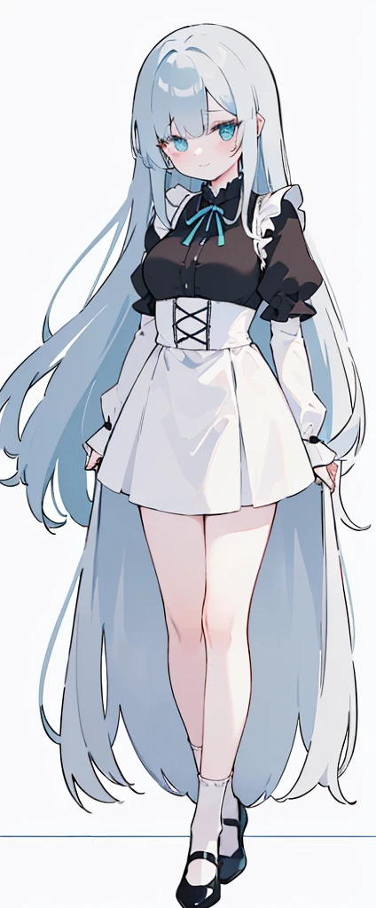 (long beautiful red hair) cyan eyes, (Eyes behind long bangs) big breasts, Standing pose, hands behind the back, (using socks) perfect shiny beautiful cyan shoes (Wearing luxurious palace black maid clothes Perfect perfect noble) Pose facing sideways (Girl1, straight grey hair not too long, bangs covering one eye, soft face, gentle smile)red long hair, beautiful cyan eyes (Sitting pose, right hand down, left hand down, leaning pose, smile kawai, (blank white background) Wearing a black corset, (Using a beautiful bright blue ribbon) Kawai shy cute eyes (black colored shoes must be shiny, Must wear short white socks) Wrists must be completely bare without a single piece of cloth covering either side Wrists must be completely bare without a single piece of cloth covering either side Wrists must be completely bare without a single piece of cloth covering either side, The bangs cover the left eye of the toe perfectly, Long bangs cover the left eye, long black maid dress shirt sleeves, cold face, royal minister, Standing pose, Black skirt, shirt sleeves must be long black, Long leg