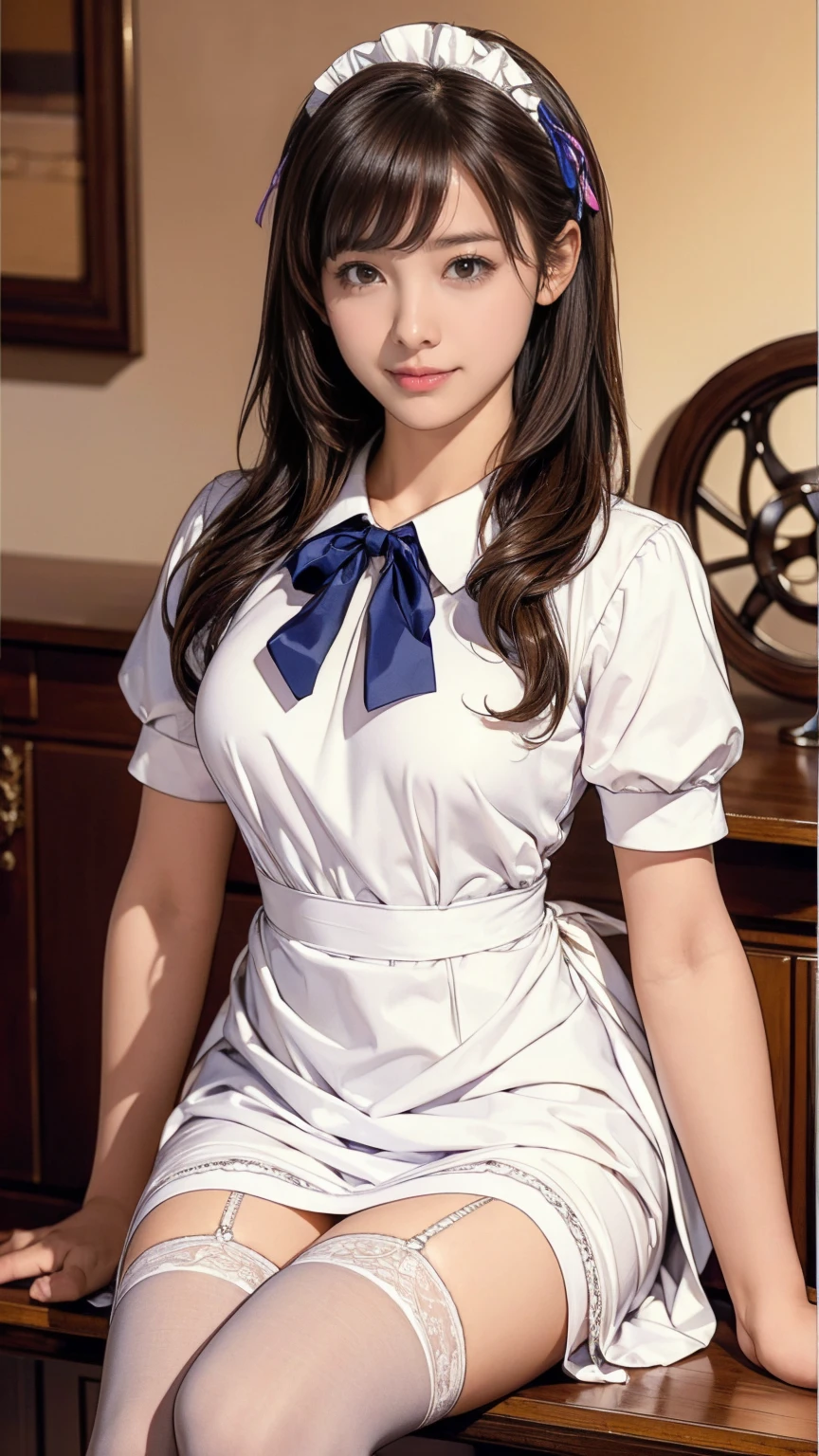 ((masterpiece)),(((Highest quality))),((Bright facial expression)), -yeld gi Cute type, The best smile:1.5,(Very slim:1.4), Very small ass:1.5, Realistic buttocks, Emphasize the chest,Curly Hair, Thin thighs, Long legs, It's not a big deal, ((Dress and stockings, Gorgeous maid, Maid clothes,Hair Ribbon)), Posing while serving customers at a store:1.5,