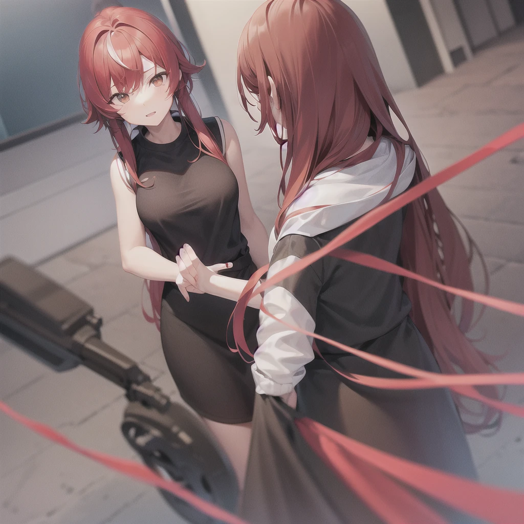 red hair with streaks of white at the end, ponytail, black jacket with red undertones, white dress, orange eyes, full body