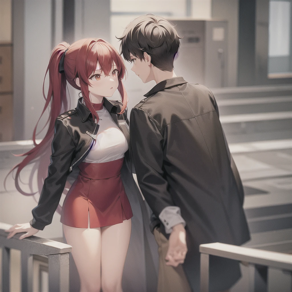 red hair with streaks of white at the end, ponytail, black jacket with red undertones, white dress, orange eyes, full body