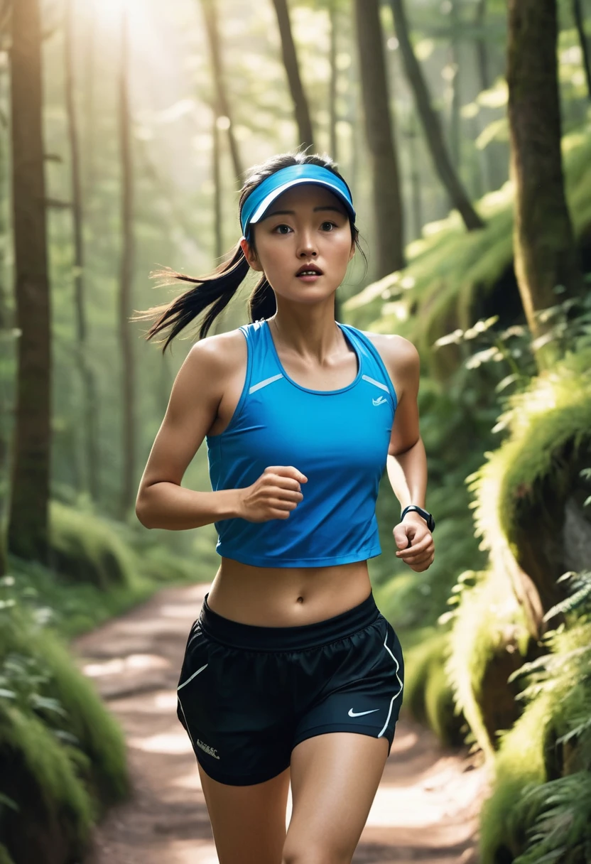 A photorealistic image of a female Asian runner in her early 20s, running on a scenic mountain trail. She has long, black hair tied in a ponytail and is wearing a bright blue tank top and black running shorts. She also has a blue visor and a white water bottle strapped to her waist. Her expression is one of determination and focus as she powers up the trail. The background is a lush green forest with tall trees and a winding trail. The lighting is bright and sunny, with dappled sunlight filtering through the trees.