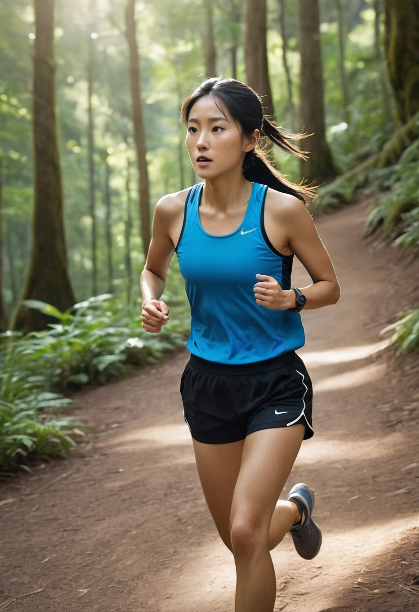 A photorealistic image of a female Asian runner in her early 20s, running on a scenic mountain trail. She has long, black hair tied in a ponytail and is wearing a bright blue tank top and black running shorts. She also has a blue visor and a white water bottle strapped to her waist. Her expression is one of determination and focus as she powers up the trail. The background is a lush green forest with tall trees and a winding trail. The lighting is bright and sunny, with dappled sunlight filtering through the trees.