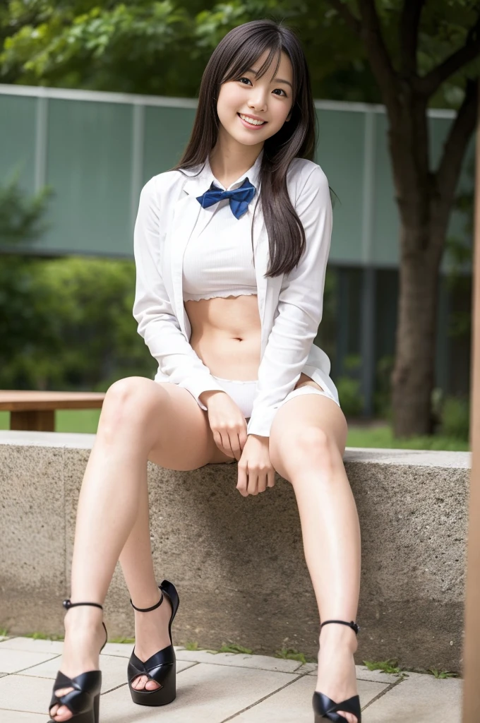 Pure Japanese school girl, sexual attractive, outstanding body, beautiful legs, wearing loose uniform, high heels, panty, sweet smile, sitting, spread wide legs, refreshing in early summer morning,