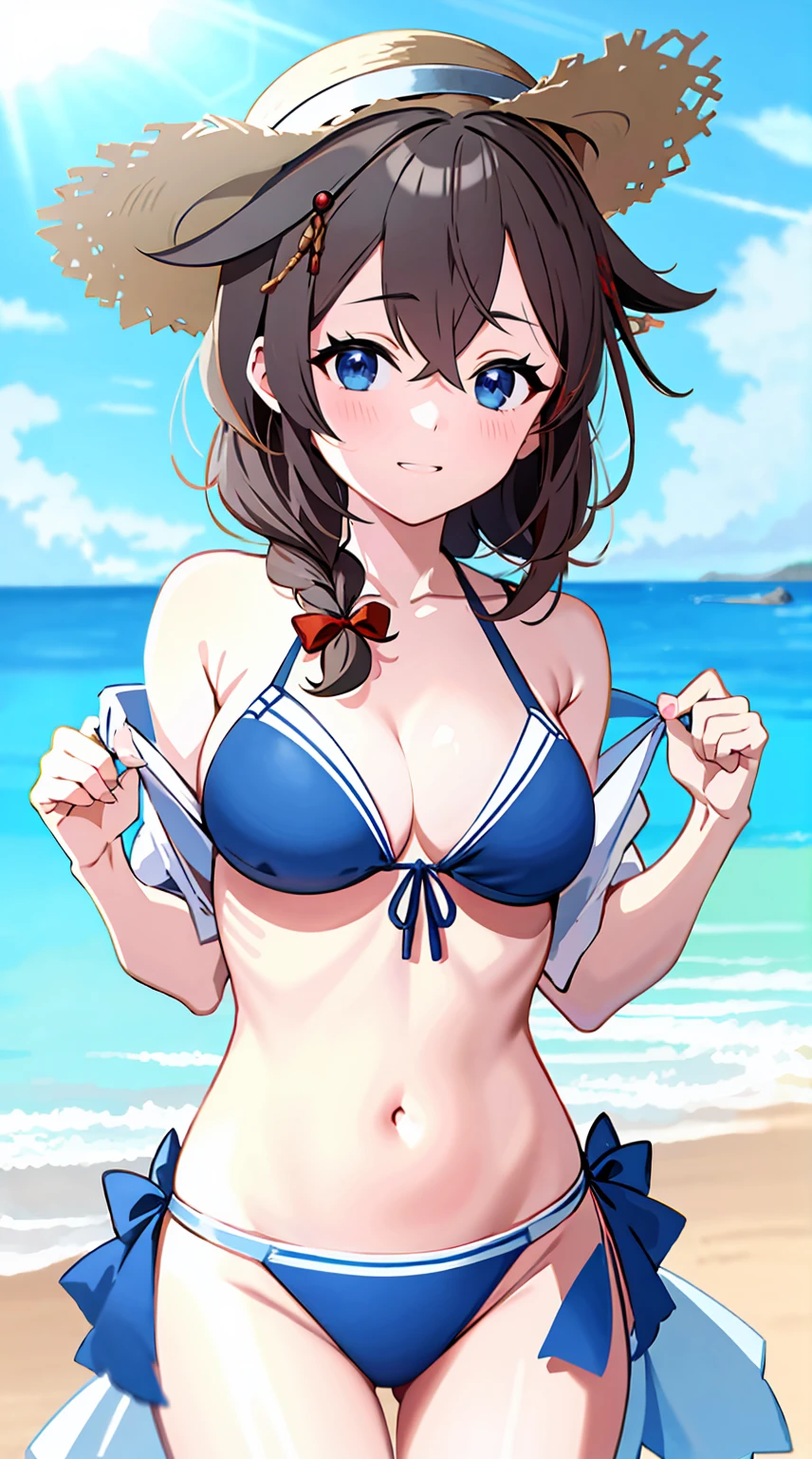 Shigure Kai 3 KanColle Bikini Shirt Ribbon Straw Hat Standing Seaside 8k High Definition