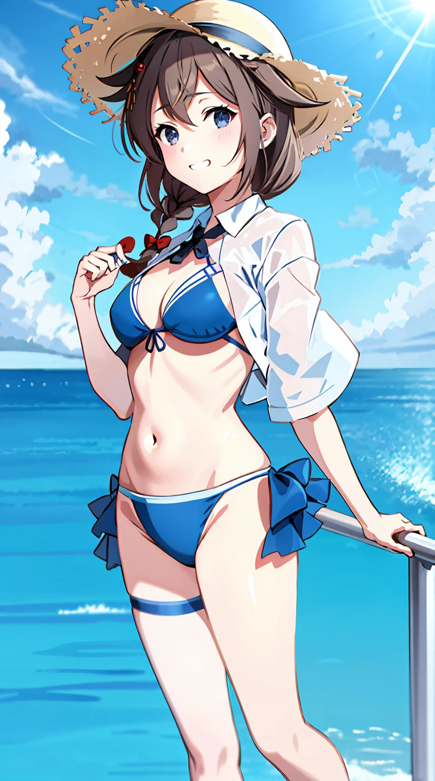 Shigure Kai 3 KanColle Bikini Shirt Ribbon Straw Hat Standing Seaside 8k High Definition