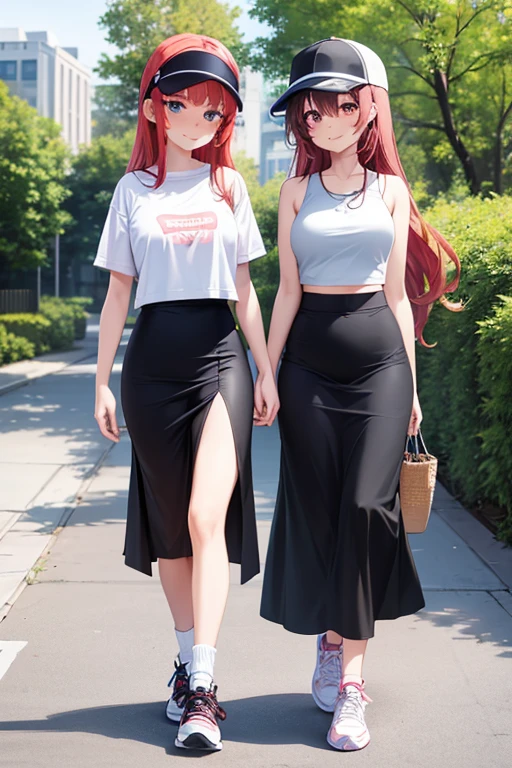 best quality, 2girl, two women walking together, wearing t-shirt and crop top, black midi pencil skirt, long skirt, sneakers, socks, outdoors, garden, summer, long hair, looking at viewer, full body, smile, blush, visor