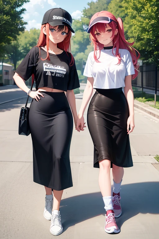 best quality, 2girl, two women walking together, wearing t-shirt and crop top, black midi pencil skirt, long skirt, sneakers, socks, outdoors, garden, summer, long hair, looking at viewer, full body, smile, blush, visor
