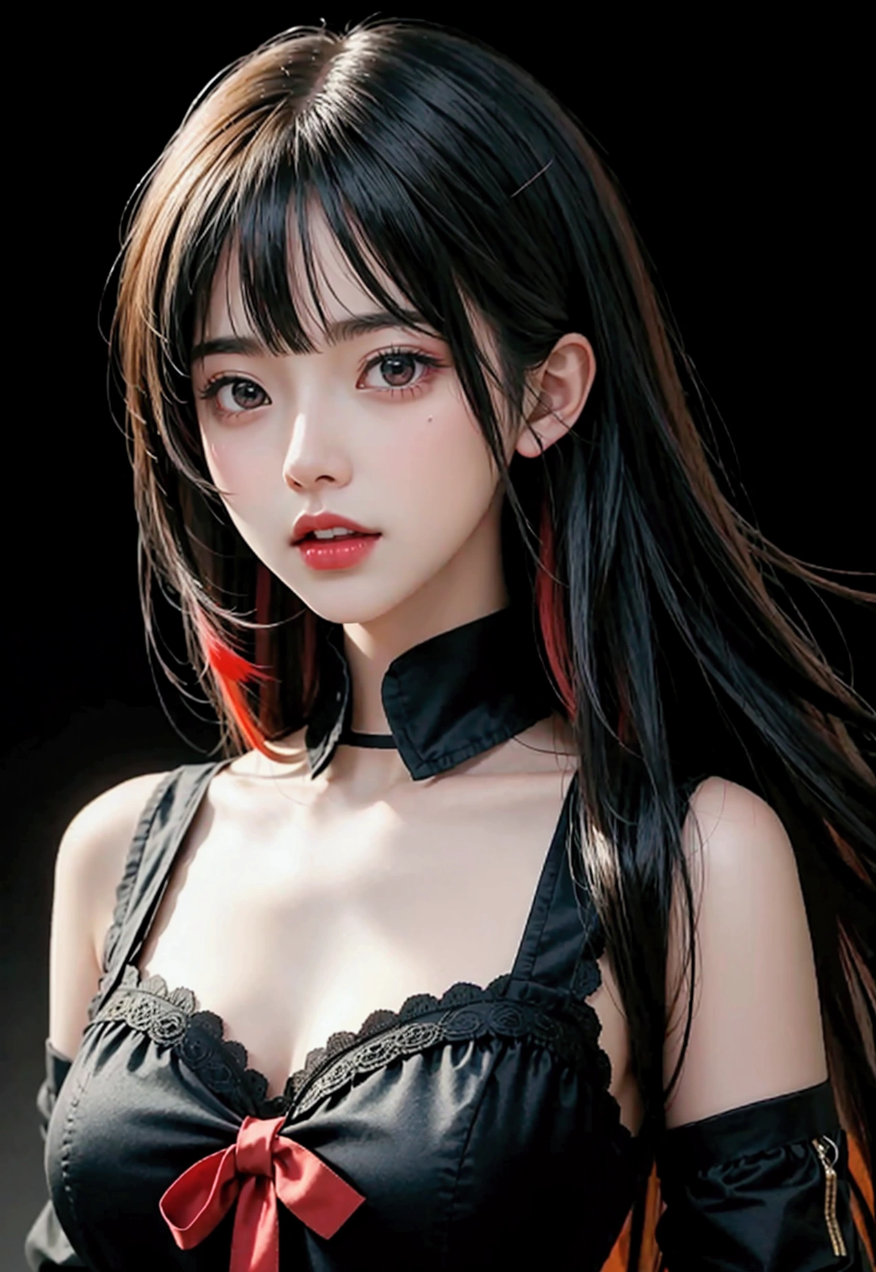 ultra-detailed,highly detailed,best quality,masterpiece,illustration,
anime girl with red and yellow eyes and black hair wearing a black shirt and red tie, ahegao, ahegao face, yandere, yandere intricate, extremely cute anime girl face, gapmoe yandere, gapmoe yandere grimdark, black anime pupils in her eyes, pixiv 3dcg, top rated on pixiv, trending on pixiv, visual novel cg, lewd, realistic anime style at pixiv, portrait gapmoe yandere grimdark, blood dripping from eyes, drooling goo, vore, popular on pixiv, beautiful anime face