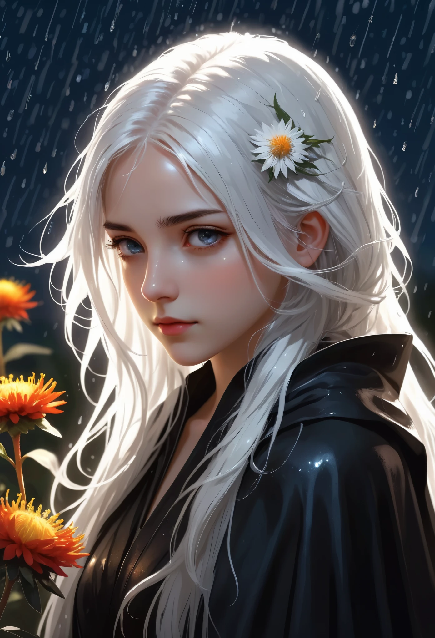 1 Girl,Solitary,1 Girl,Solitary,((Beautiful and delicate eyes)), (Detailed lighting),Depth of Field,(White hair),Silver Eyes,Hair covering one eye,(safflower ), Flowering,Long hair,Black cape,wet,callous,look back,night,Starfall,rain,FOG,safflowers falling,sketch,Upper Body,Strong shadows,