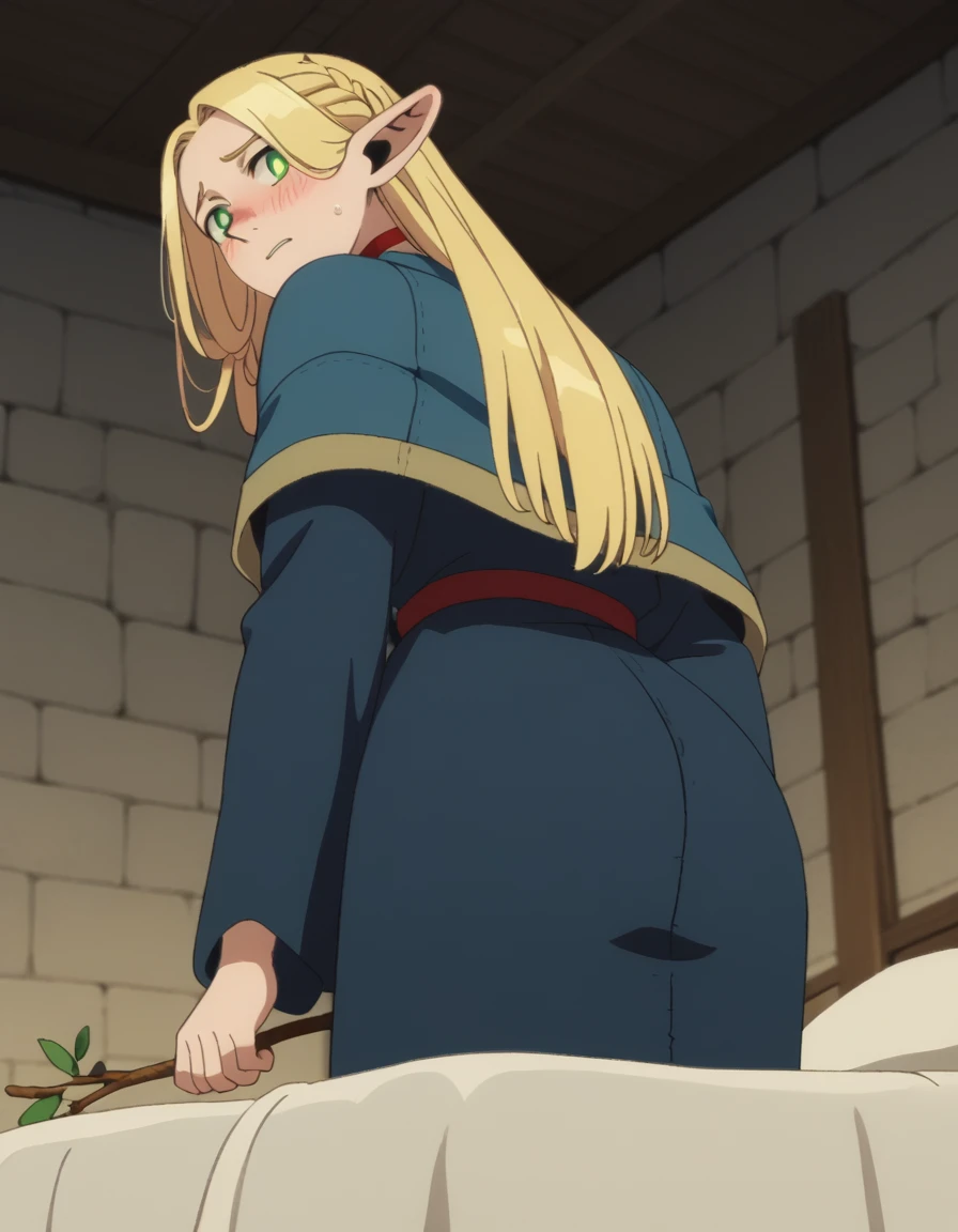 score_9, score_8_superior, score_7_superior, sauce_anime,
Multi-Redonate, Marcille Donath, Long Hair, Blonde, Green Eyes, Braiding, Pointed Ears, twin Braidings, Fairy, bright psuperiorils, Parted bangs,
choker, Robe, red choker,
indoor, bed, bed room, ~ side, blush, Drunk,
View your viewers, alone, (From below,behind,Stick your ass out,blush)