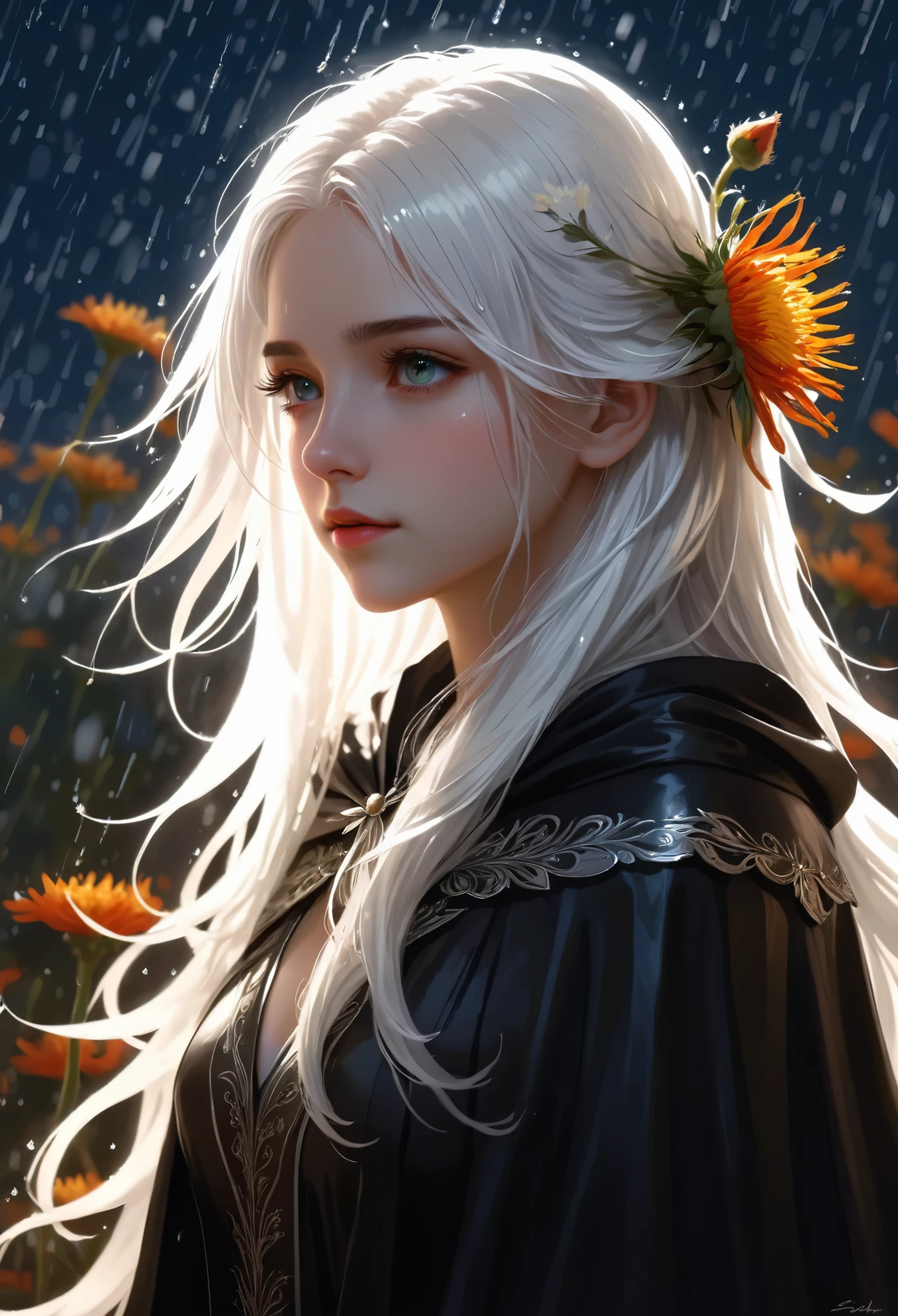 1 Girl,Solitary,1 Girl,Solitary,((Beautiful and delicate eyes)), (Detailed lighting),Depth of Field,(White hair),Silver Eyes,Hair covering one eye,(safflower ), Flowering,Long hair,Black cape,wet,callous,look back,night,Starfall,rain,FOG,safflowers falling,sketch,Upper Body,Strong shadows,