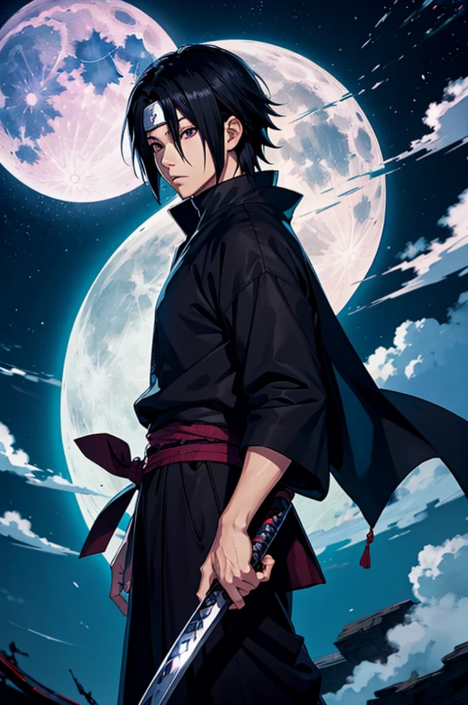 Sasuke Uchiha holding a Katana, behind him is the moon