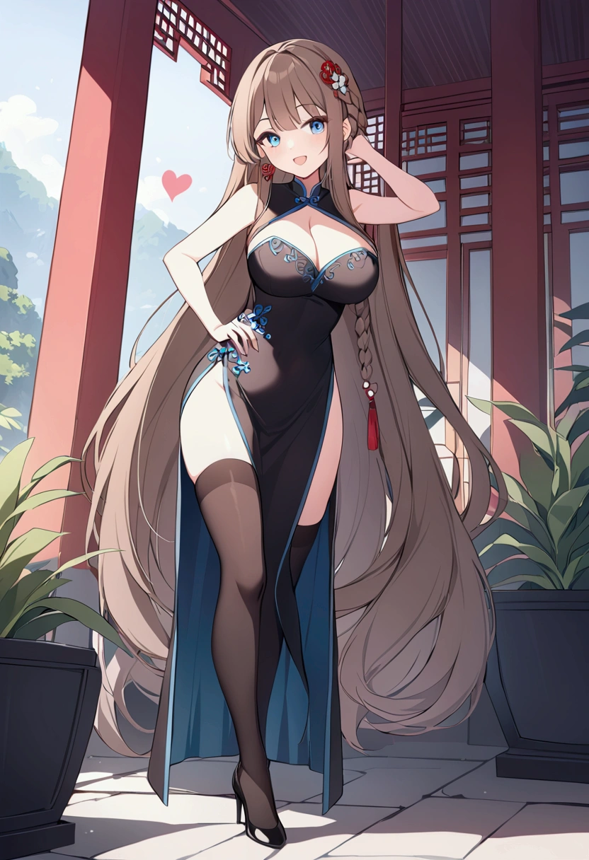 slender, mature female,breasts, brown_hair, long_hair, 1girl, large_breasts, dress, solo, blue_eyes, blush, open_mouth, jewelry, bare_shoulders, smile, earrings, thighhighs, looking_at_viewer,very_long_hair, braid, bangs, cleavage, high_heels, china_dress, :d, eyebrows_visible_through_hair, arm_up, plant, black_footwear, chinese_clothes, black_dress, hair_ornament, alternate_costume, sidelocks, hand_in_hair, outdoors, heart