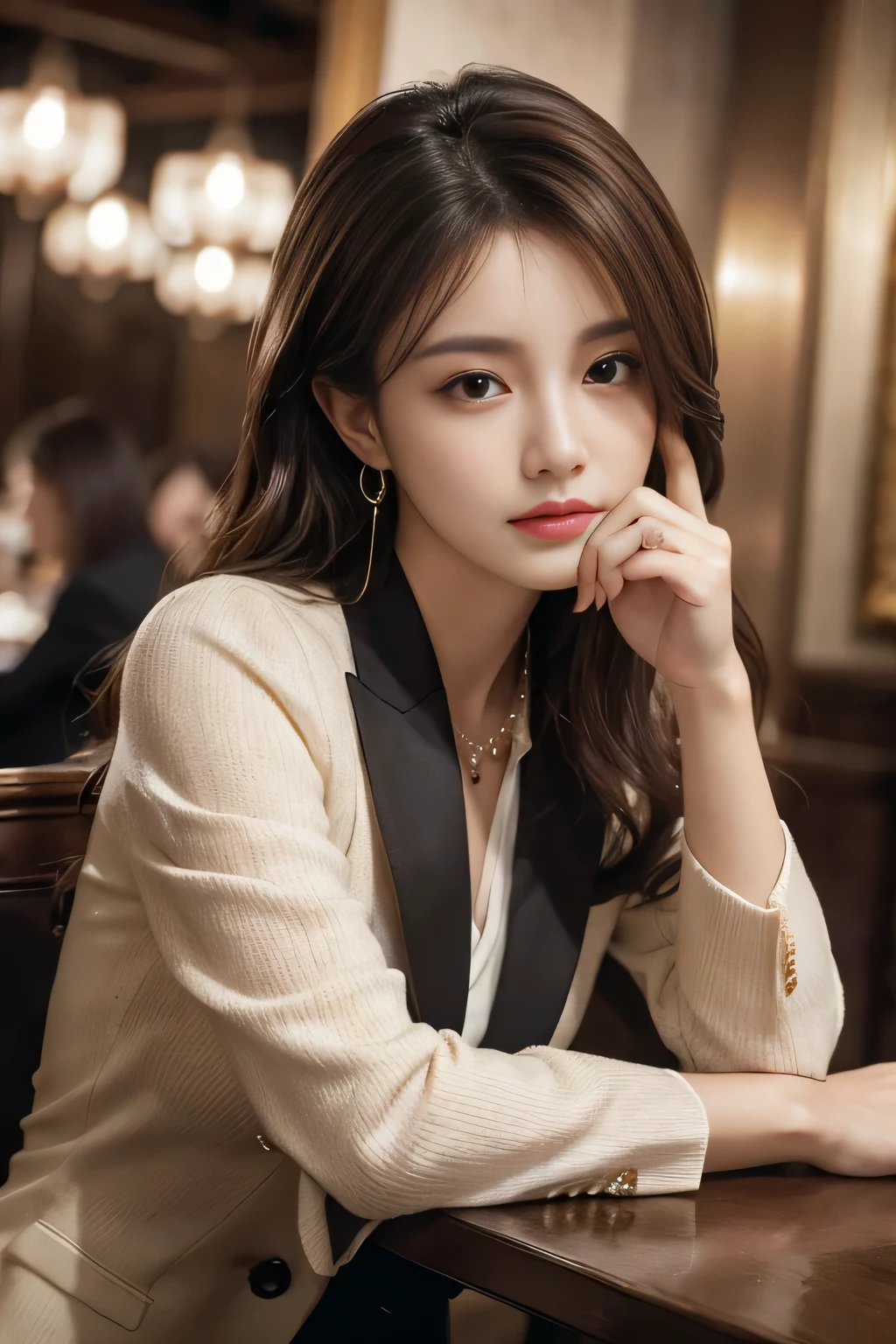 masterpiece, Highest quality, Realistic, Very detailed, Finer details, High resolution, 8k wallpaper, One beautiful woman, Wear a nice suit, In a great restaurant, At night, Light brown messy hair, Perfect dynamic composition, Beautiful and beautiful eyes、Big earrings、Sit on a chair、