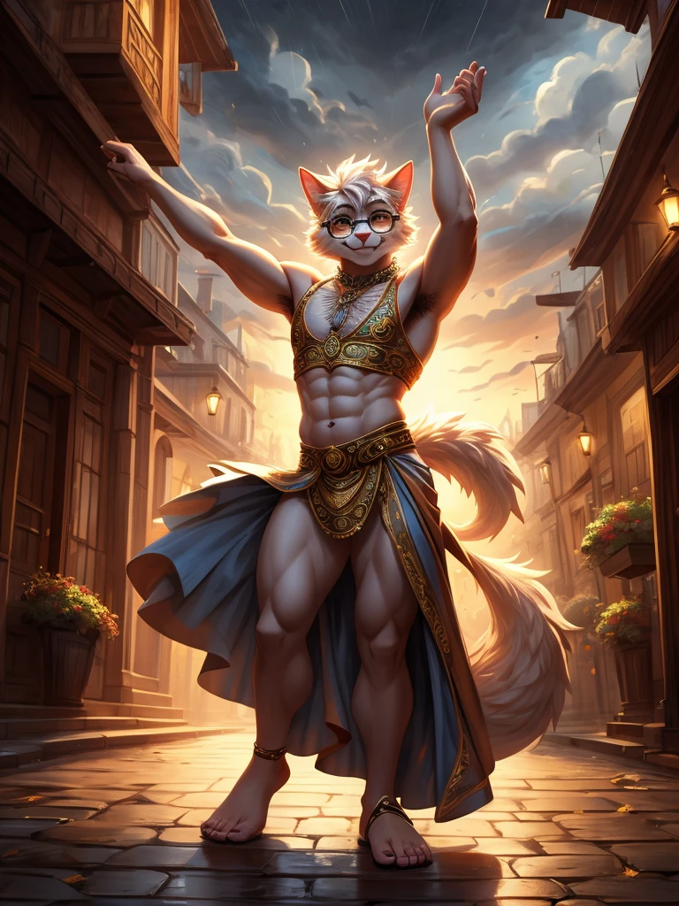 Anthro, white fluffy cat, full body, male, adult, hand paws, long fluffy tail, fluffy chest, strong, light robe, long dancing skitt, flip flop, fancy dancer clothing, crop top, ornate clothing, blue circular eyewear, abdomen on display, serious look, warm happy expression, hairy body, 8K, dynamic lighting, ultra detailed, masterpiece, street of a medieval town, stormy weather outside