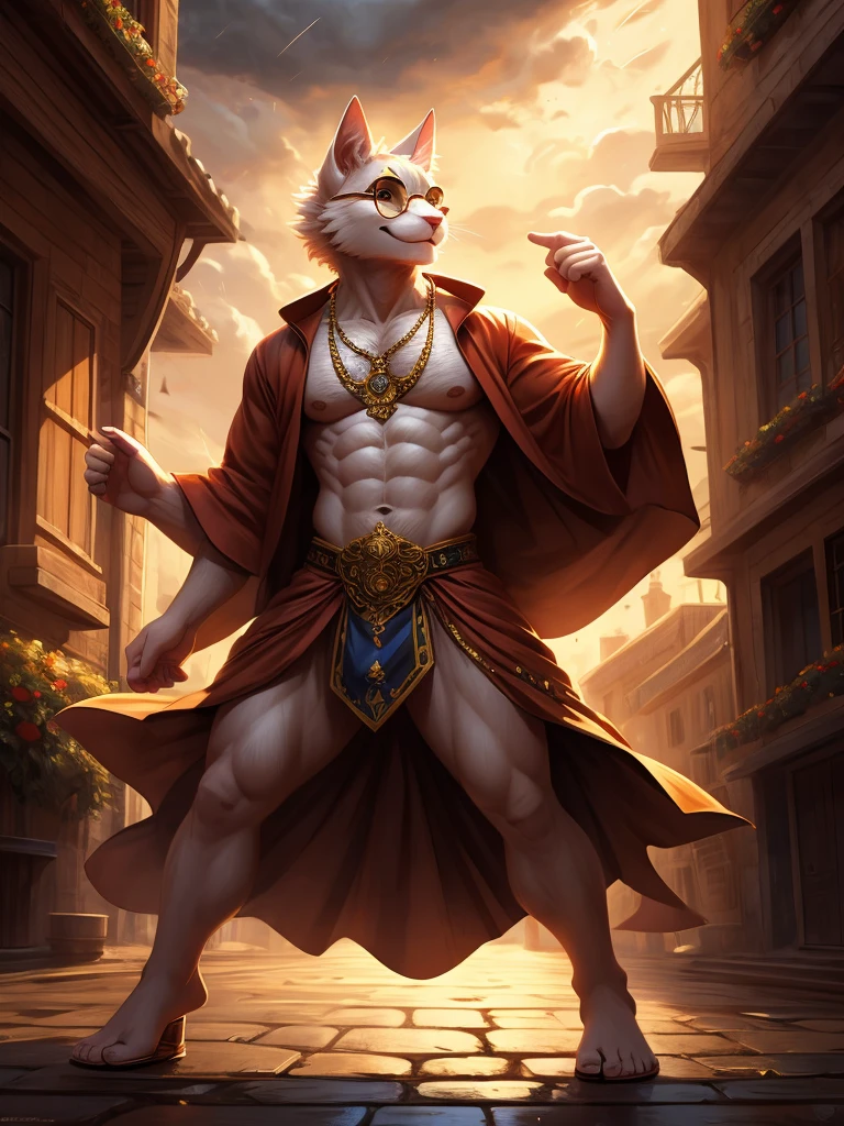 Anthro, white fluffy cat, full body, male, adult, hand paws, long fluffy tail, fluffy chest, strong, light robe, long dancing skitt, flip flop, fancy dancer clothing, crop top, ornate clothing, blue circular eyewear, abdomen on display, serious look, warm happy expression, hairy body, 8K, dynamic lighting, ultra detailed, masterpiece, street of a medieval town, stormy weather outside