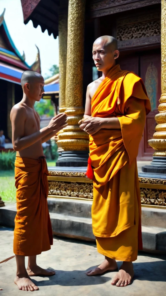 The surreal image of Thai people, the villagers are paying respect to the Thai family, the monk standing, holding the monks, the realism of the temple, realistic, realistic, perfect, high detail, sharp, 8k, realistic fantasy art.