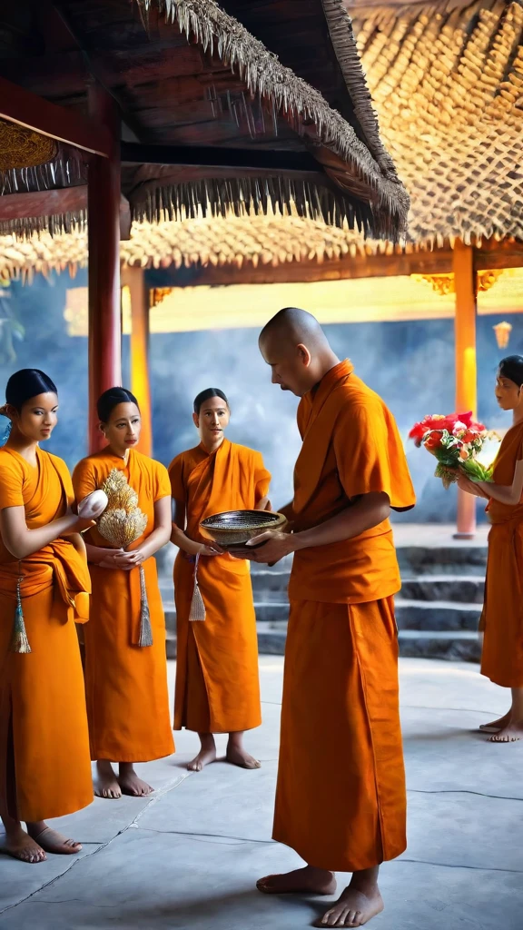 The surreal image of Thai people, the villagers are paying respect to the Thai family, the monk standing, holding the monks, the realism of the temple, realistic, realistic, perfect, high detail, sharp, 8k, realistic fantasy art.