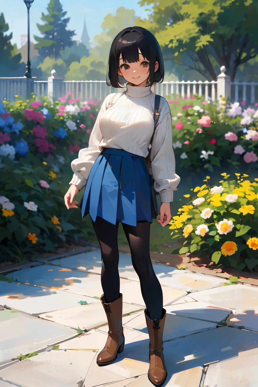 (high quality, High resolution, Very detailed, reality:1.37), Peaceful atmosphere, (Outdoor, garden), age girl standing alone, (my breasts are big.), Beautiful details, Cute Smile, (Black bob hair), Ribbed sweater, Blue Skirt, Black tights, Brown boots.