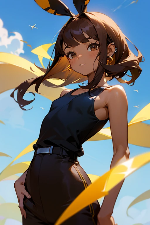 elfa BROWN SKIN Shoulder length brown hair with straight bangs, chubby build little chest, Dressed in black dress pants, sky blue tank top with piercings in the ears with bees around