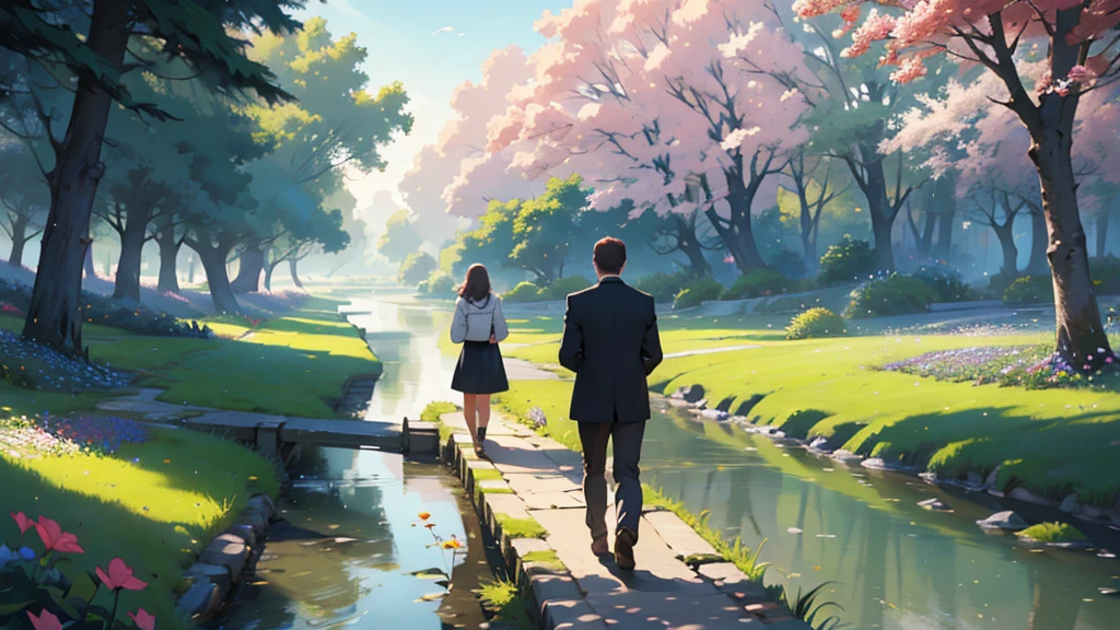 ((best quality)), ((work of art)), ((detailed)), 3 friends, one man and two women, walking in a flowered park, facing a river, seen from behind