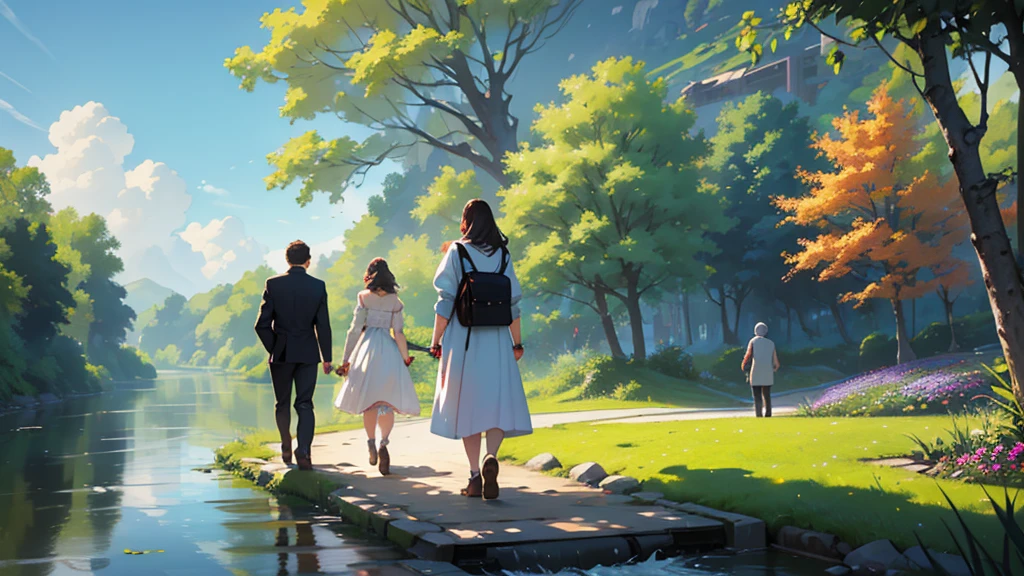((best quality)), ((work of art)), ((detailed)), 3 friends, one man and two women, walking in a flowered park, facing a river, seen from behind