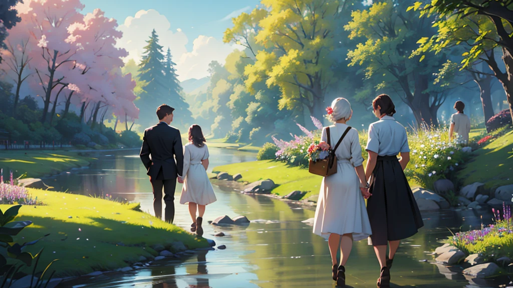 ((best quality)), ((work of art)), ((detailed)), 3 friends, one man and two women, walking in a flowered park, facing a river, seen from behind