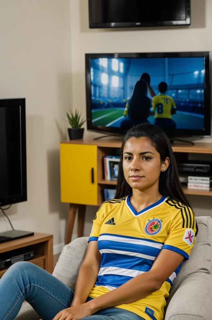 Woman watching soccer game on television wearing a Colombia shirt with the name Maria