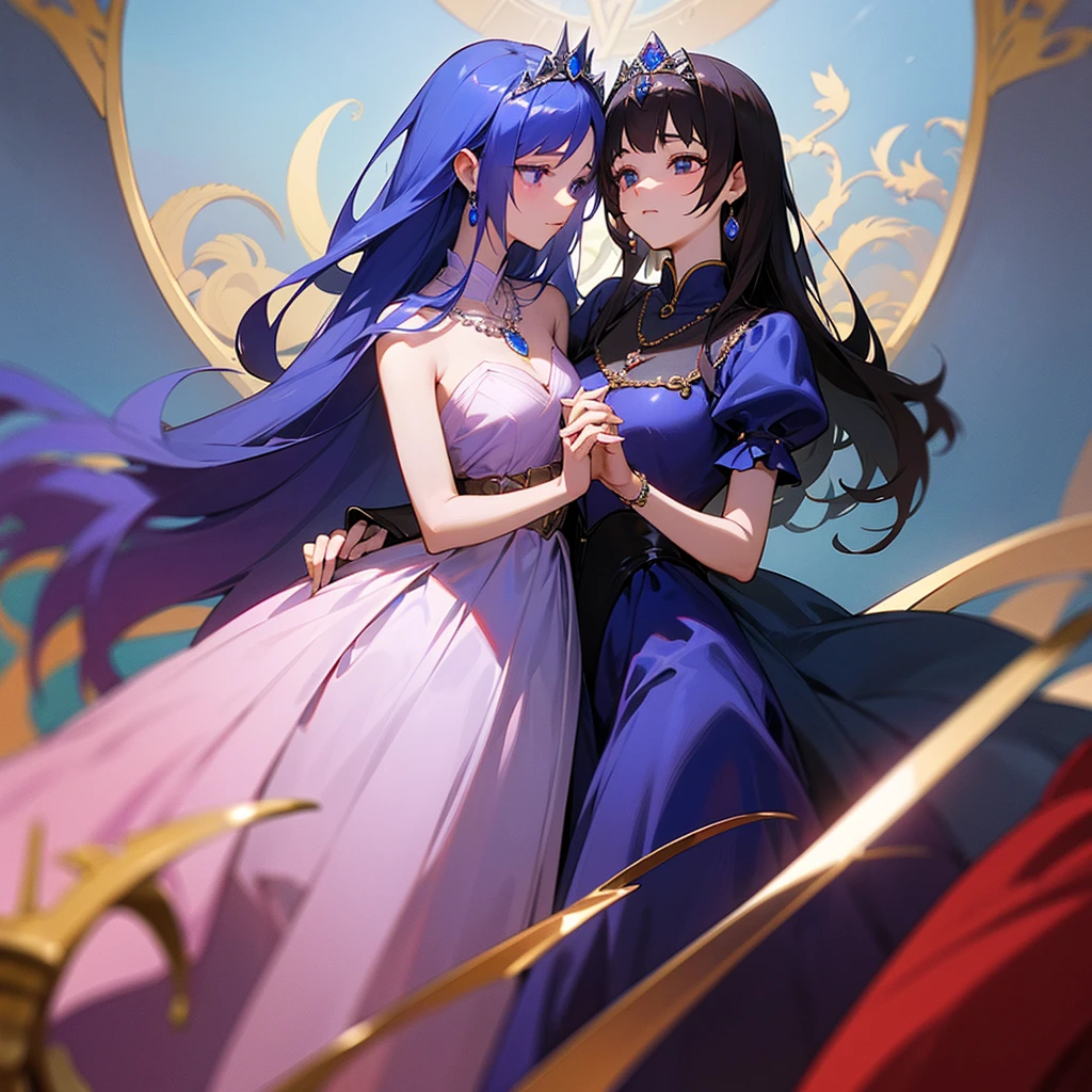 high resolution、A mature and elegant princess。The princess of the jewel kingdom is the princess of Garnet Kingdom.、tiara with garnet、Gorgeous garnet necklace、She wears a richly decorated blue-purple dress.。like medieval europe、Fantasy。The overall image is blue and purple.。beautiful。
