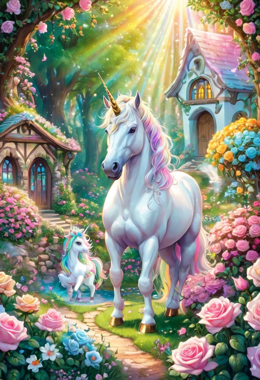 A white unicorn in the beautiful garden, a transparent spring in a beautiful forest, pastel-colored roses blooming around it, pastel-colored rainbow light, a mysterious world, fine grains of light. , The Dwarfs Smile and Dance, The Little House of the Dwarfs