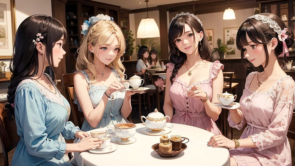 Highest quality、High resolution、Detailed Background、(Beautiful face in every detail:1.4)、Anatomically correct、(Detailed facial expressions)、(Detailed eyes:1.2)、age beauty、(Highly detailed face:1.4)、Cute hair colour、Braided Ponytail、Bobcut、Braided long hair、Wavy Hairstyle、well-groomed eyebrows、Cute Eye Makeup、Cute Lip Makeup、Calm atmosphere、Happy expression、smile、Laughter、Tea time at the cafe、Cute gestures、

(Four women enjoying tea time at a cute cafe:1.5)、

Flared silhouette dress、Camisole dress with frills and lace、
A-line dress with ribbon and flower motif、pink、Pastel Blue、Soft colors such as lavender、white、A clean base color such as beige、
Ribbon and flower hair accessories、Pearl and jewel necklaces、bracelet、
Lace bag、Pumps with ribbon、Suede or velvet short boots、
It&#39;s gorgeous but also feminine.