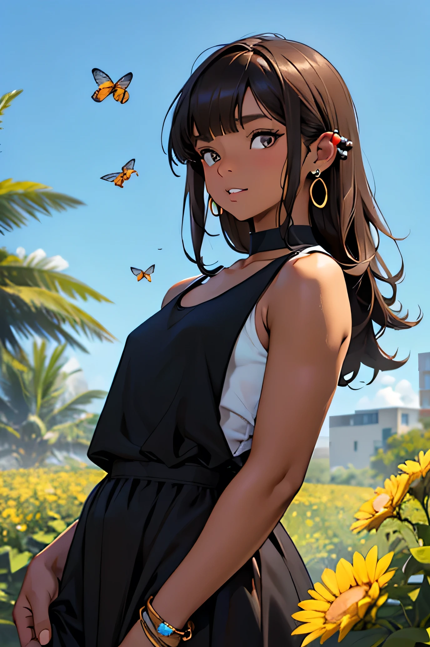 elfa BROWN SKIN Shoulder length brown hair with straight bangs, chubby build little chest, Dressed in black dress pants, sky blue tank top with piercings in the ears with bees around
