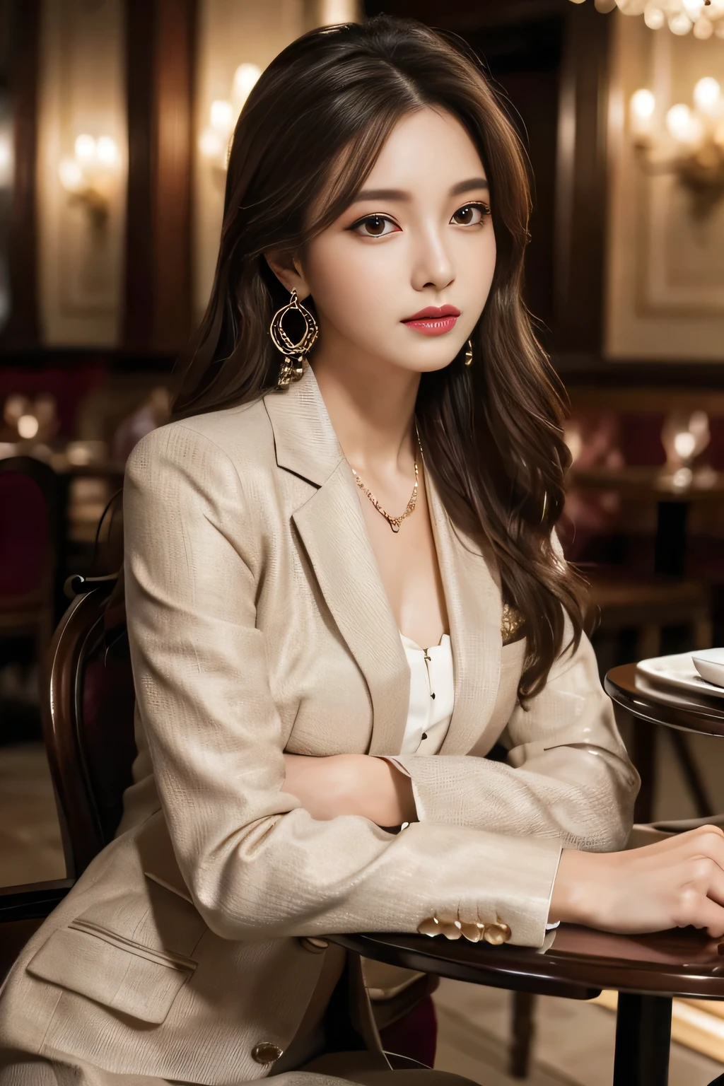 masterpiece, Highest quality, Realistic, Very detailed, Finer details, High resolution, 8k wallpaper, One beautiful woman, Wear a nice suit, In a great restaurant, At night, Light brown messy hair, Perfect dynamic composition, Beautiful and beautiful eyes、Big earrings、Sit on a chair、