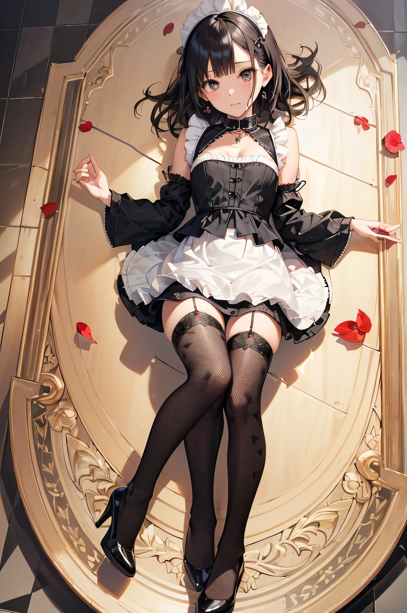 ((Biologically correct limb count)),(( From head to toe,Full-body photo including face)),4K,((Standing position)),masterpiece,((Focus on the face)),((Symmetrical facial features)),Eyes with detailed description,Beautiful woman,Great style,Beautiful arms,Beautiful legs,Beautiful Hands,(Small Ass,Thin thighs),Facial detailing,Small earrings,necklace,(Enamel maid outfit、mini skirt((Black high heels,Black patterned stockings))),Realistic photo,Lying on the linoleum floor,Low angle photo,A little panchira,Rose petals are scattered all around、