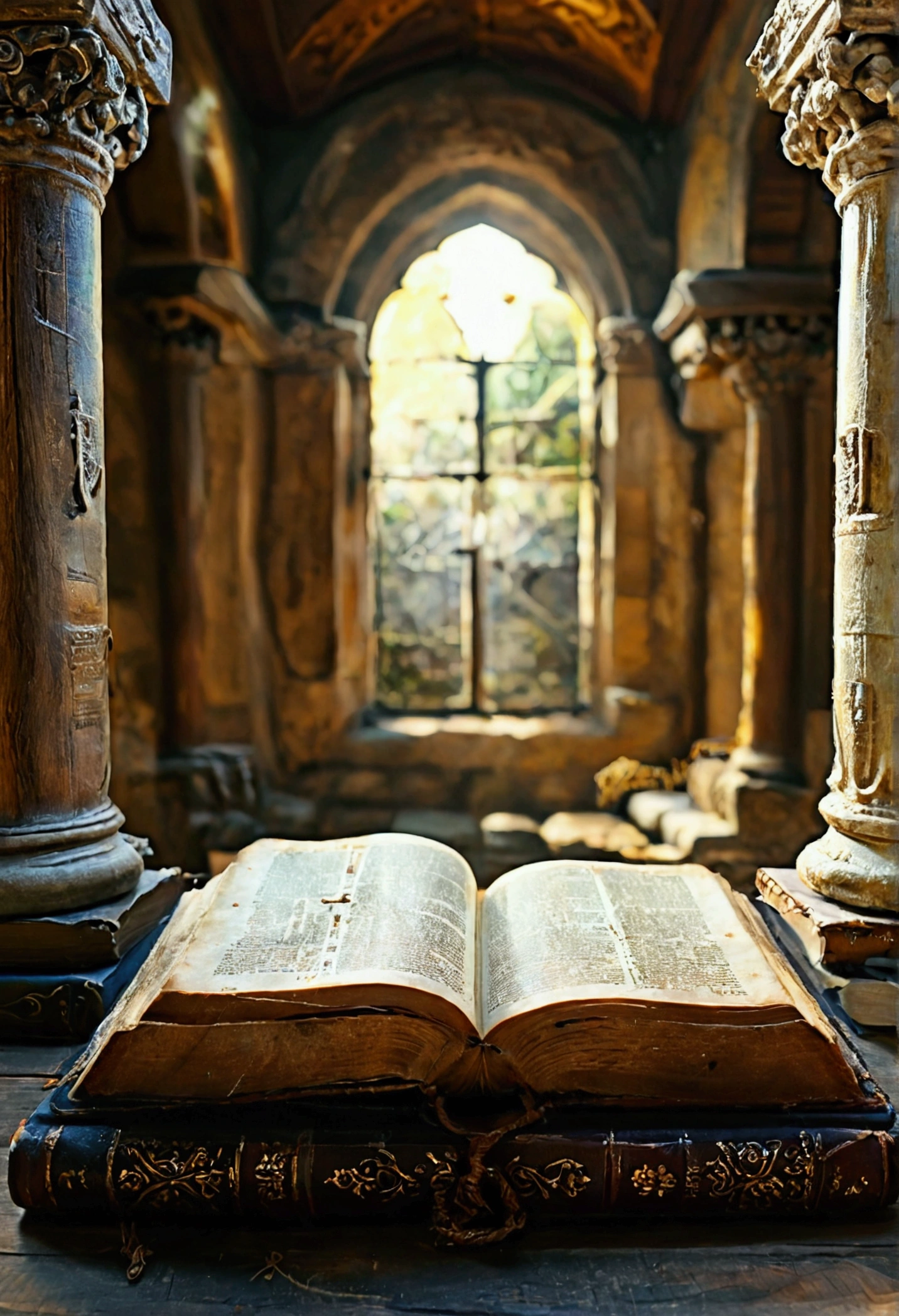 "Por favor, create a high-definition image of the Holy Bible that captures the reverence and spiritual significance of this holy book. The image should convey the historical and religious importance of the Bible, apresentando-a de forma digna e respeitosa. Use soft lighting to highlight cover and page details, enfatizando sua textura e envelhecimento, if applicable. Position the Bible in a setting that evokes a sacred environment, como uma prateleira de madeira em uma biblioteca antiga ou um altar iluminado. As cores devem ser sutis e a tipografia, se presente, deve ser elegante e discreta. The image should inspire a sense of reverence and spiritual connection to the words and teachings contained in the Holy Bible."