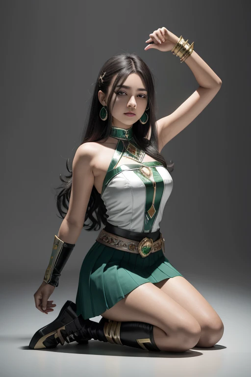Girl indigenous 18 years old, hero, super girl, Black long hair, with couro superhero colan grey and black with green lines and white background envoirement.(Indigenous cosplay look) braço erguido segurando pedra verde. Indígena outfit. Calça cinza e preta. Skirt. (Kneeling:1.3),(arms touching her neck in Supino:0.4), (one arm up and another down messing her, opened legs:0.5), rastreamento de raios，Renderizador OC，Renderizador UE5, torn side. Coccar of leafes, Sword of gem Stone encarved cristal alike 
