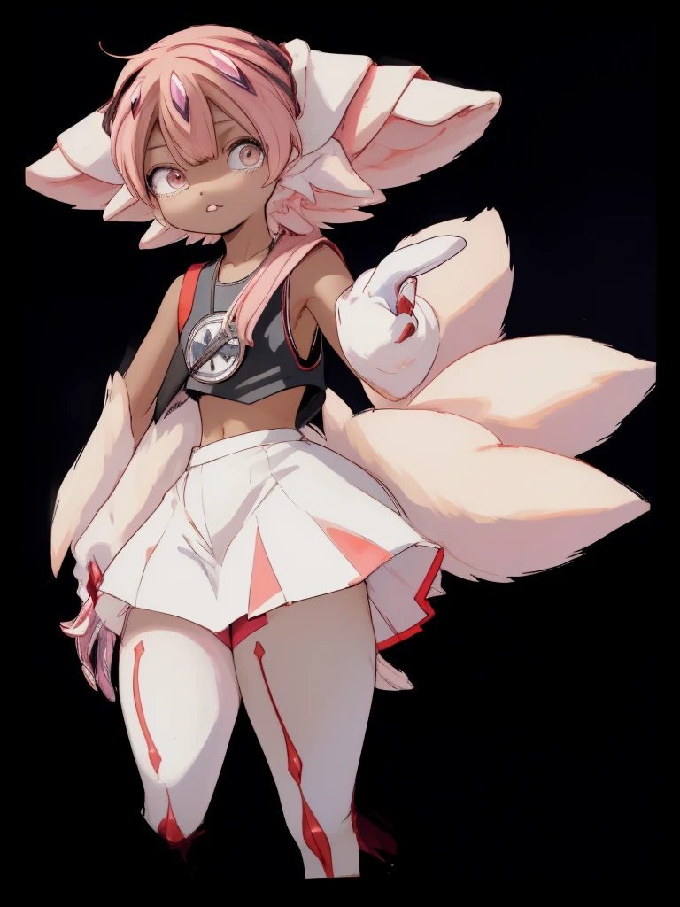 2d, masterpiece, best quality, anime, highly detailed, cowboy shot, 1girl, solo, natsuki, pink eyes, pink hair, medium hair, two side up, hair ribbon, hair ornament, pouty lips, team rocket,team rocket uniform,white skirt,red letter R,crop top,black thigh-highs,black elbow gloves