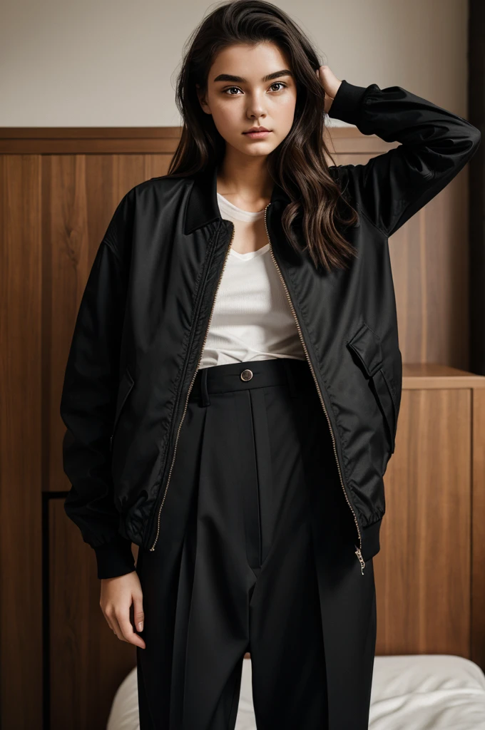 Photography of a 20 year old woman, perfect face, Masterpiece, good, underwear, black_good, jacket, black_trousers