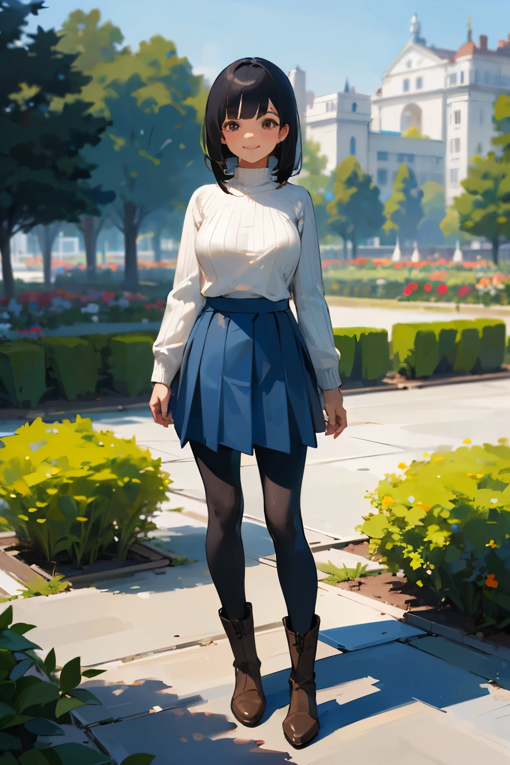 (high quality, High resolution, Very detailed, reality:1.37), Peaceful atmosphere, (Outdoor, garden), Teenage girl standing alone, (my breasts are big.), Beautiful details, Cute Smile, (Black bob hair), Ribbed sweater, Blue Skirt, Black tights, Brown boots.