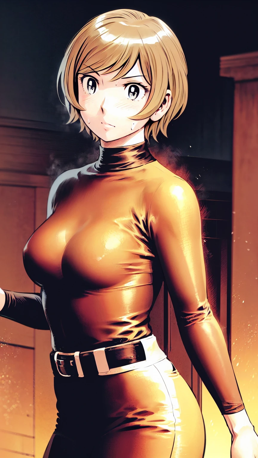(野球uniform:1.2),
blonde, (short hair:1.2),Long sleeve, Black Shirt, turtleneck,White trousers、uniform、Black belt、((Illustration of a person))、big 、Muddy、Soil stains、ドロドロのuniform、
View your audience,, (Highest quality:1.3),One Girl, White pants、uniform、Outdoor、baseball ground、ground、soil、blue eyes、Tight black shirt、(masterpiece、Highest quality)、Highest quality, Ultra-high resolution, (((masterpiece))), alone, Sweat、big eyes、big Breasts、Torn clothes、 Fully exposed、Nipples、One Girl, Front view、Embarrassed face、Bronze colored hair、((short hair))、Stand up straight、Cowboy Shot