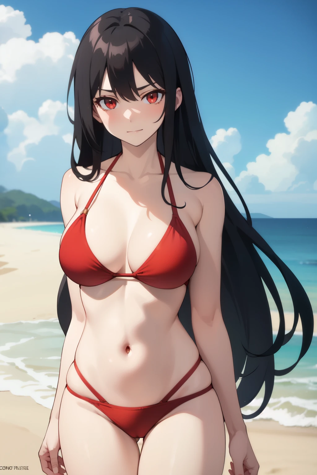 beautiful woman, mature, long black hair, red eyes, red bikini, large bust, inside beach, sadistic expression, high quality