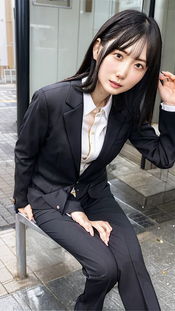 Highest,masterpiece,Highest品質,High resolution,high quality,Realistic,Medium Hair,Wet髪,Pants Style,High heels, Collared shirt,,Black jacket,suit:1.5,Wet,Sweat,Fair skin,ID card,White chocolate:2.0,Embarrassed face:1.2,