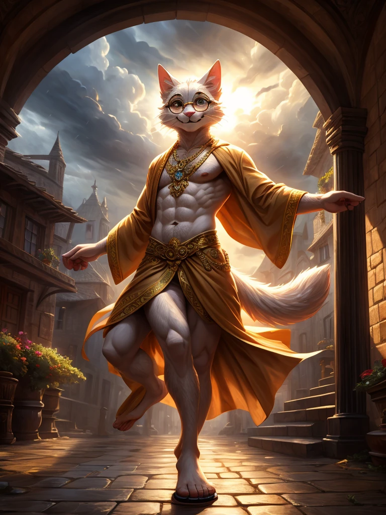 Anthro, white fluffy cat, full body, male, adult, hand paws, long fluffy tail, fluffy chest, strong, light robe, long dancing skitt, flip flop, fancy dancer clothing, crop top, ornate clothing, blue circular eyewear, abdomen on display, serious look, warm happy expression, hairy body, 8K, dynamic lighting, ultra detailed, masterpiece, street of a medieval town, stormy weather outside