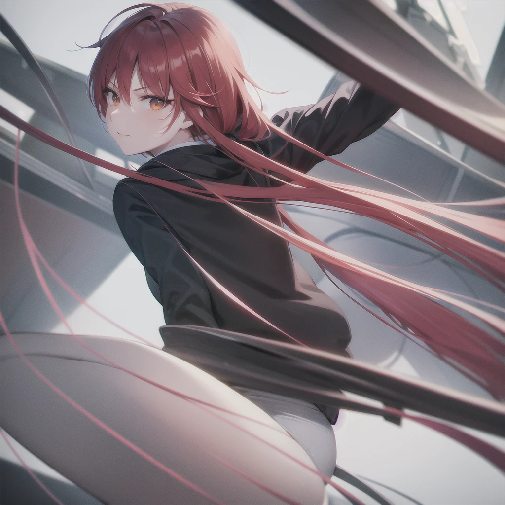 red hair with streaks of white at the end, ponytail, black jacket with red undertones, white dress, orange eyes, full body, only one person, smug look