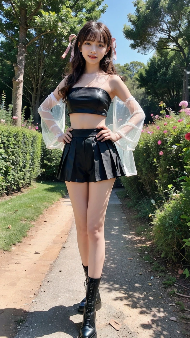 (8K、RAW Photos、Highest quality、masterpiece:1.2)、(Highest quality、Realistic)、1 Girl、((Tube top、Idol Costume、ribbon、Shorts、Medium Hair、See-through、smile、Pink and black、Thin legs、whole body、boots、garden、View from the front、Looking into the camera、Stand with hands on hips))、cute