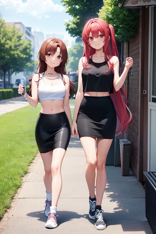 best quality, 2girl, two women walking together, wearing tank top and crop top, black midi pencil skirt, long tight skirt, sneakers, socks, outdoors, garden, summer, long hair, looking at viewer, full body, smile, blush